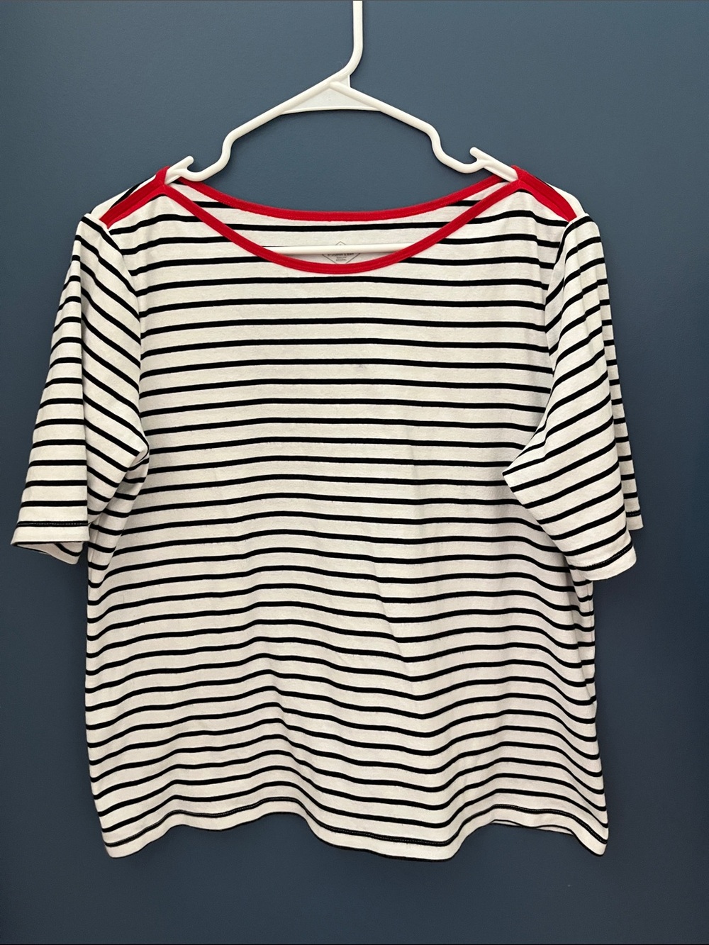 St Johns Bay boatneck tee, black & white stripe with red piping trim at collar